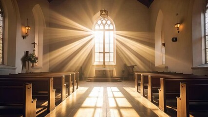 Interior view of empty church nave, wooden pews, stained glass, and bright sunlight shining through the window - Powered by Adobe
