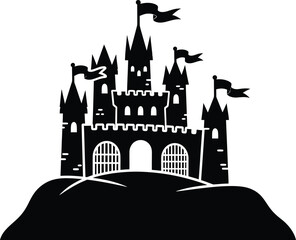 Obraz premium Medieval Castle Silhouette Vector Illustration with Flags on Towers