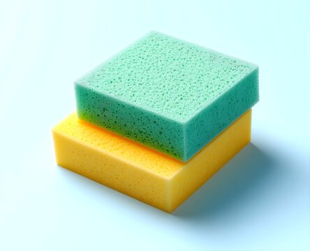Yellow and Green Dishwashing Sponge on Light Blue Background – Top View