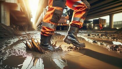 A construction worker strides through muddy terrain, embodying resilience in challenging work conditions.
