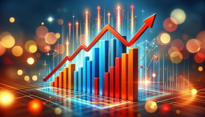 This is a dynamic financial growth chart with rising bars and arrows, which symbolize economic success and upward trends.
