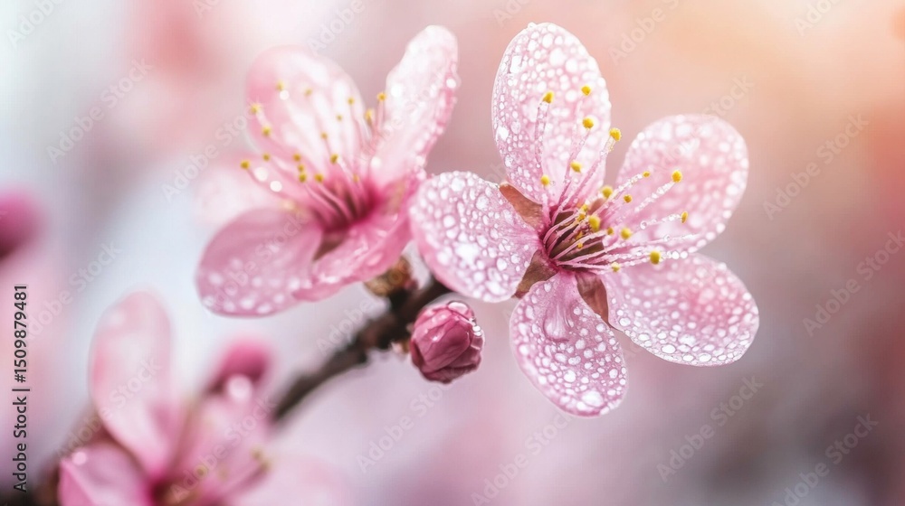 Aufkleber a close-up of a flower with drops of water on its soft, pink petals, glowing in natural light, addin