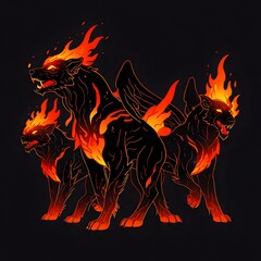 Fiery Cerberus Illustration with Three Flaming Heads on Dark Background