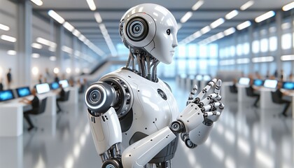 A futuristic robot in a modern office setting symbolizes advanced technology and automation in the workplace.
