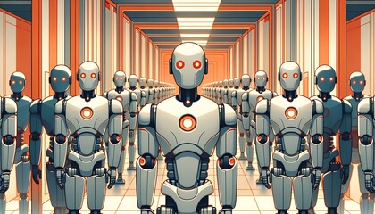 This is a futuristic lineup of humanoid robots representing advanced automation and technology.
