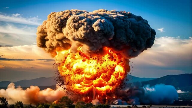 Dramatic mushroom cloud explosion with rolling smoke plumes near forest and mountains during sunset.