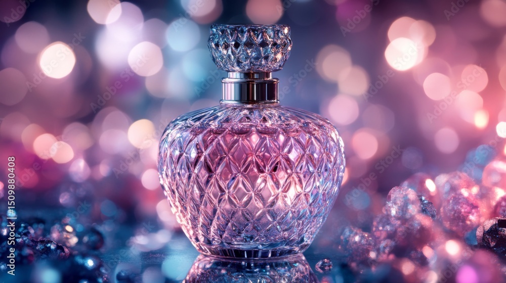 Poster a close-up of a luxurious perfume bottle with elegant glass design, surrounded by soft light and sub