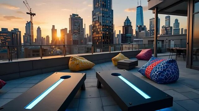 Rooftop cornhole setup with city skyline and beanbag chairs at sunset offering a relaxing urban retreat