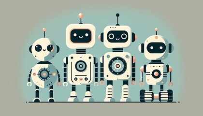 Vier niedliche Roboter stehen in einer Reihe. Jeder Roboter hat ein einzigartiges Design und einen einzigartigen Ausdruck und alle wirken verspielt und freundlich.

