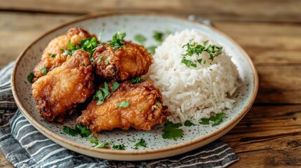 A close-up of a plate of golden-brown fried chicken served with a side of steamed white rice, garnished with fresh herbs and served on a rustic wooden table