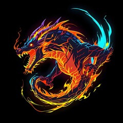 Vivid Neon Fire Dragon in Dynamic Motion Against Black Background