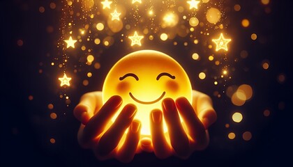 A smiling face surrounded by sparkling stars symbolizes warmth and happiness.
