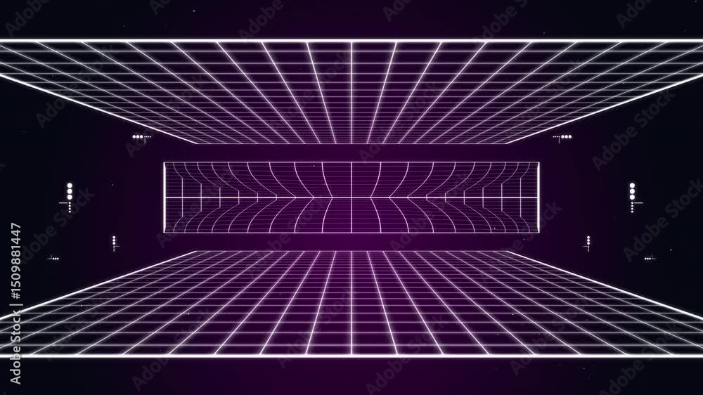 Poster a symmetrical neon grid tunnel extends into the distance, with purple and white glowing lines creati