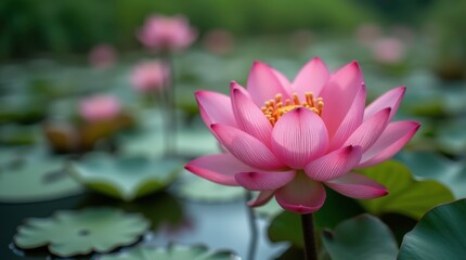 Obraz premium Lotus Flower in Serene Pond: A close-up captures the delicate beauty of a blooming pink lotus flower, its petals gently unfurling above a tranquil pond, a symbol of purity and enlightenment.