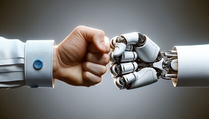 A fist bump symbolizes human-robot collaboration, representing unity and technological advancement.
