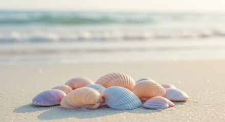 Beautiful pastel seashell group on sandy beach with sparkling ocean waves in background. Ocean vacation concept for summer travel banner, poster, holiday card or presentation.