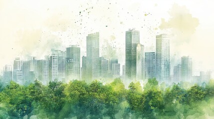 Obraz premium Tranquil Cityscape Watercolor Painting of Green Trees and Modern Buildings