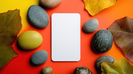 Natural elements arranged around a blank card on a colorful surface