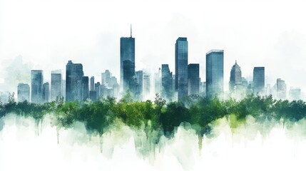 Fototapeta premium Tranquil Watercolor Cityscape with Lush Green Foliage
