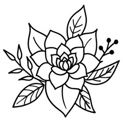 Hand-Drawn Black and Colored Floral Bouquet Illustrations – Botanical Clip art Set for Coloring Pages, Invitations, and Craft Design. Wildflower line art bouquets set, botanical vector illustration.