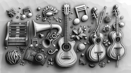 Vector silver colour hand drawn doodle art template of music theme.jpeg