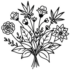 Hand-Drawn Black and Colored Floral Bouquet Illustrations – Botanical Clip art Set for Coloring Pages, Invitations, and Craft Design. Wildflower line art bouquets set, botanical vector illustration.