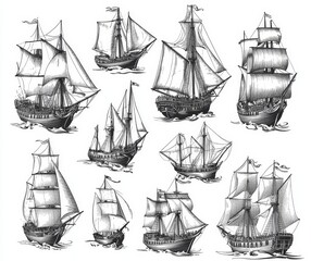 Vintage black and white vector illustrations of sailing ships in 19th century engraving style, simple line drawings on white background.