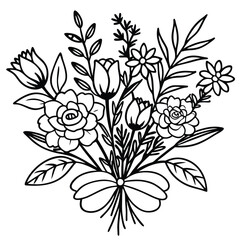 Hand-Drawn Black and Colored Floral Bouquet Illustrations – Botanical Clip art Set for Coloring Pages, Invitations, and Craft Design. Wildflower line art bouquets set, botanical vector illustration.