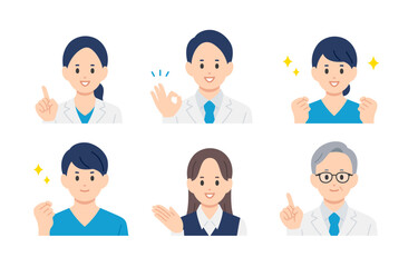 ポジティブな医者･看護師･医療事務の男女上半身セット【人物ベクターイラスト素材】