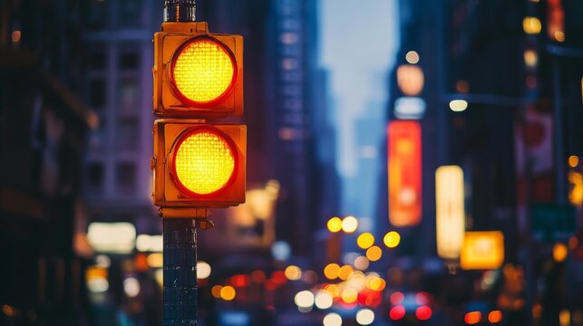 A close-up of a yellow traffic light glowing brightly against the dark of evening, with the surrounding city lights blurred, evoking a feeling of anticipation