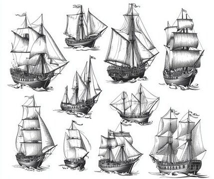 Vintage black and white vector illustrations of sailing ships in 19th century engraving style, simple line drawings on white background.