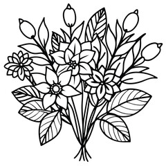 Hand-Drawn Black and Colored Floral Bouquet Illustrations – Botanical Clip art Set for Coloring Pages, Invitations, and Craft Design. Wildflower line art bouquets set, botanical vector illustration.