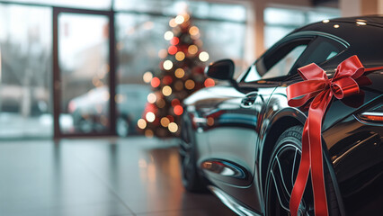 Luxury car with festive ribbon inside showroom. Christmas gift concept.