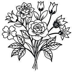 Hand-Drawn Black and Colored Floral Bouquet Illustrations – Botanical Clip art Set for Coloring Pages, Invitations, and Craft Design. Wildflower line art bouquets set, botanical vector illustration.