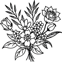 Hand-Drawn Black and Colored Floral Bouquet Illustrations – Botanical Clip art Set for Coloring Pages, Invitations, and Craft Design. Wildflower line art bouquets set, botanical vector illustration.