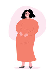 Pregnant woman with a big belly waiting for the birth of a child stands in a full-length dress. Vector flat graphics.