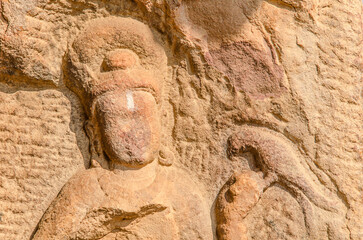 Intricate carving of Hindu deity at Hindu temple, Pattadakal, Bagalkot, Karnataka, India, Asia