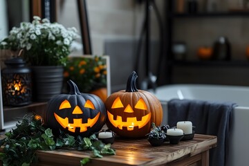 Fototapeta premium Jack-o'-lanterns in bathroom.