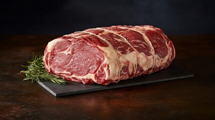 Fototapeta premium A close-up of fresh cuts of beef displayed on a butchers counter, with vibrant red meat and fine marbling, showcasing its freshness