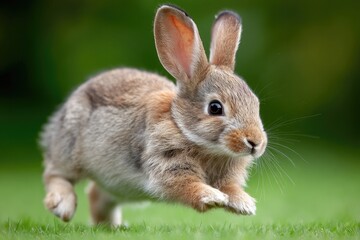 Fototapeta premium A small rabbit leaps through grass.