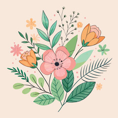 Hand-Drawn Black and Colored Floral Bouquet Illustrations – Botanical Clip art Set for Coloring Pages, Invitations, and Craft Design. Wildflower line art bouquets set, botanical vector illustration.