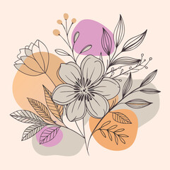 Hand-Drawn Black and Colored Floral Bouquet Illustrations – Botanical Clip art Set for Coloring Pages, Invitations, and Craft Design. Wildflower line art bouquets set, botanical vector illustration.