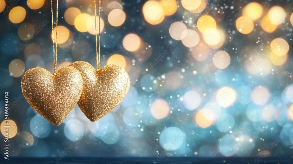Poster golden hearts hanging on strings with a blurred sparkling background