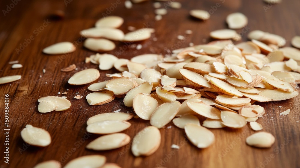 Poster a close-up of sliced almonds scattered across a wooden surface, capturing their delicate texture and