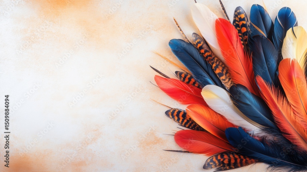 Poster colorful feathers arranged in a beautiful display on a textured background