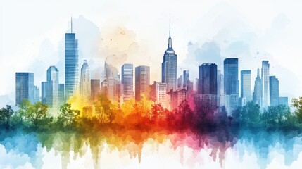 Vibrant Watercolor Cityscape Illustration with Colorful Buildings and Trees