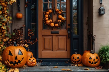Obraz premium Halloween door with decorations, pumpkins.