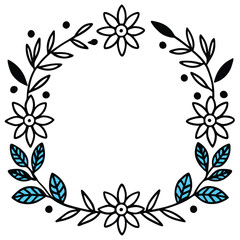 Elegant Blue and black & white Flower Wreaths and Decorative Botanical Borders for Invitations and Greeting Cards. wreath of branches and leaves. simple illustration in sketch style.