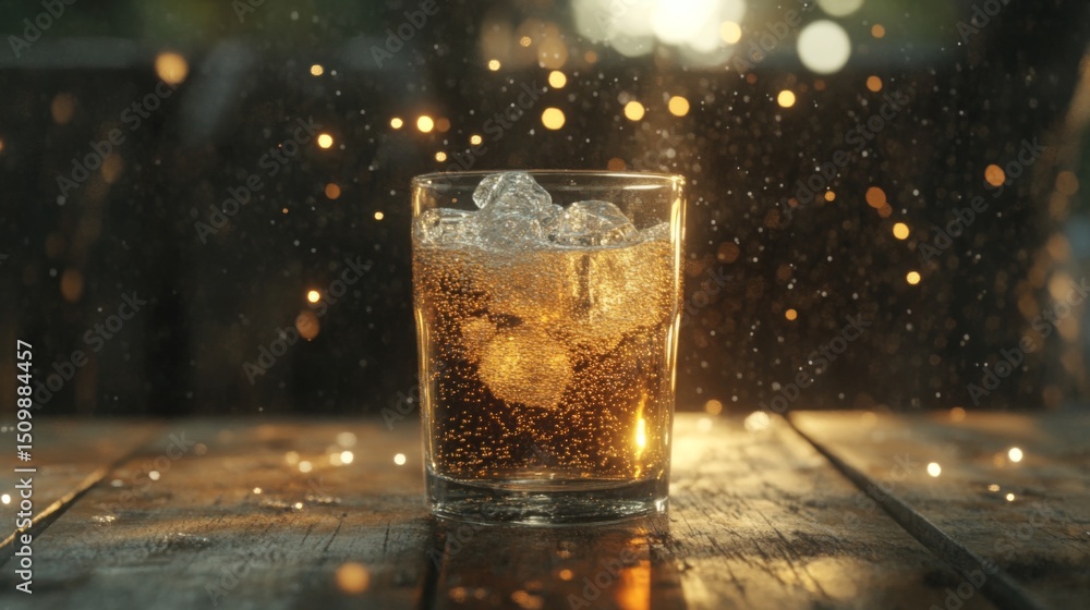 Poster a close-up shot of a glass filled with sparkling soda and ice cubes, with bubbles rising to the surf