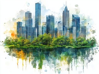 Vibrant Watercolor Cityscape with Lush Greenery and Water Reflection